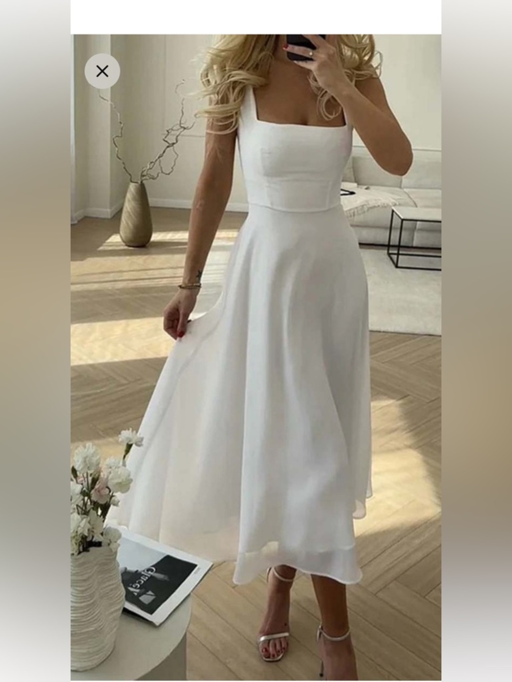 Commense Square Neck Midi Dress White Sleeveless A Line Chic Elegant Women XS